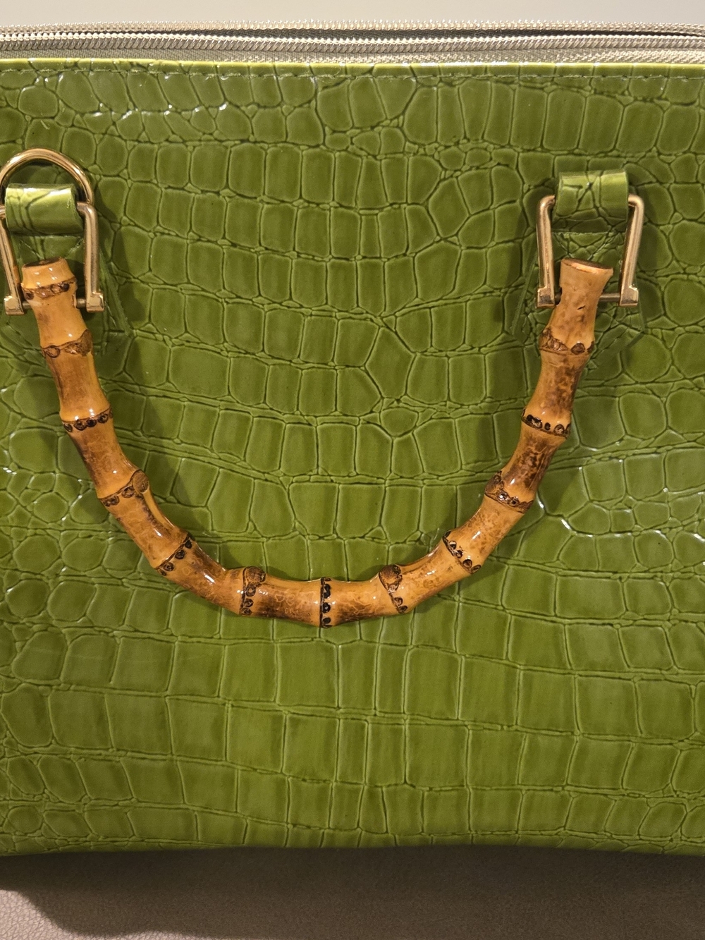Olive Green Croc-Embossed Shoulder Bag with Bamboo Handle
